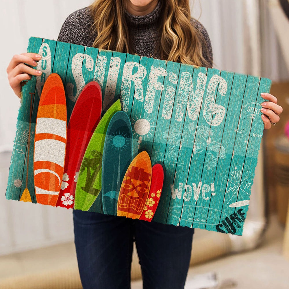 Welcome Doormat, Surfing Surfboard Beach Life Hello Summer Blue Wood Pattern Welcome Doormat, Indoor Outdoor Doormat Home Decor