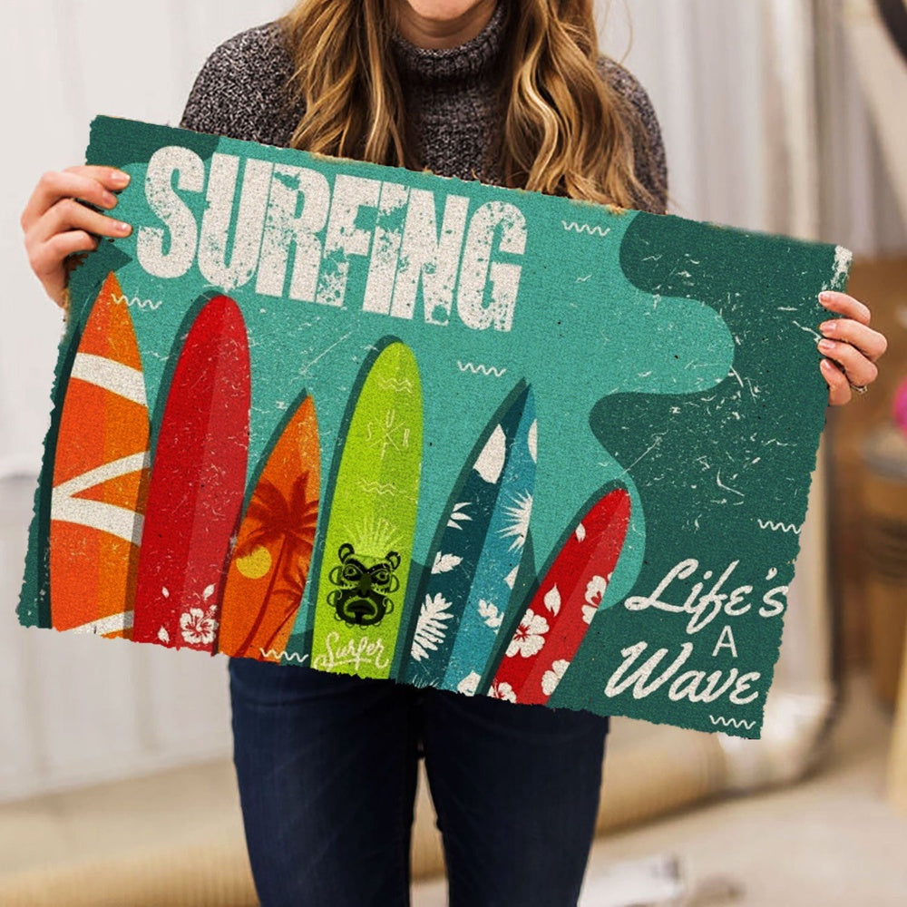 Welcome Doormat, Surfing Surfboard Life Is A Wave Beach Life Hello Summer Blue Welcome Doormat, Indoor Outdoor Doormat Home Decor