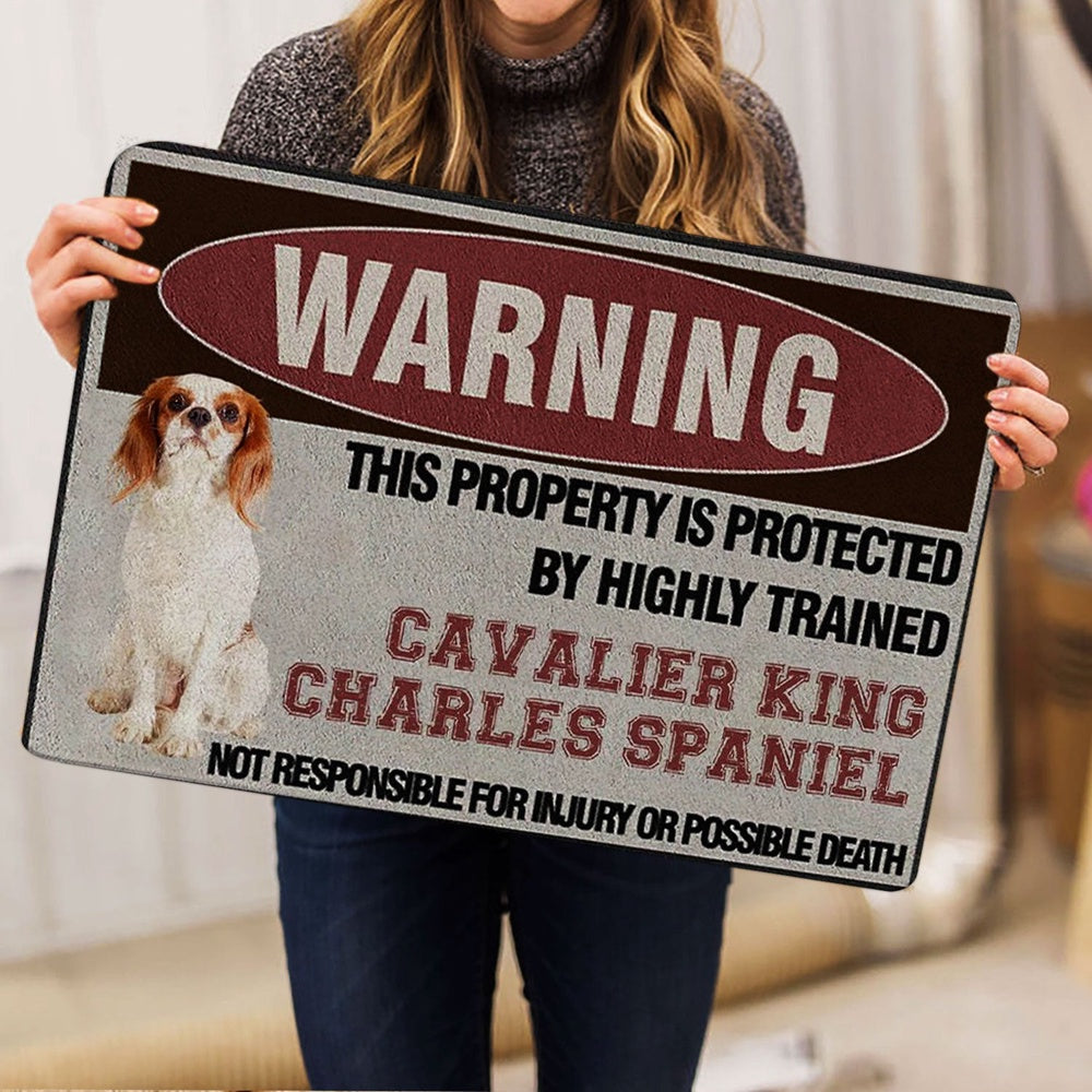 Welcome Doormat, This Property is Protected by a Highly Trained Cavalier King Welcome Doormat, Indoor Outdoor Doormat Home Decor