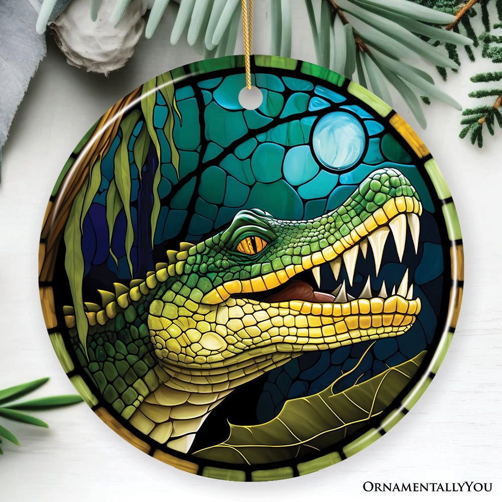Wetlands Alligator Ceramic Ornament, Stained Glass Theme Nature Art of Swamp Animal, Christmas Ornament