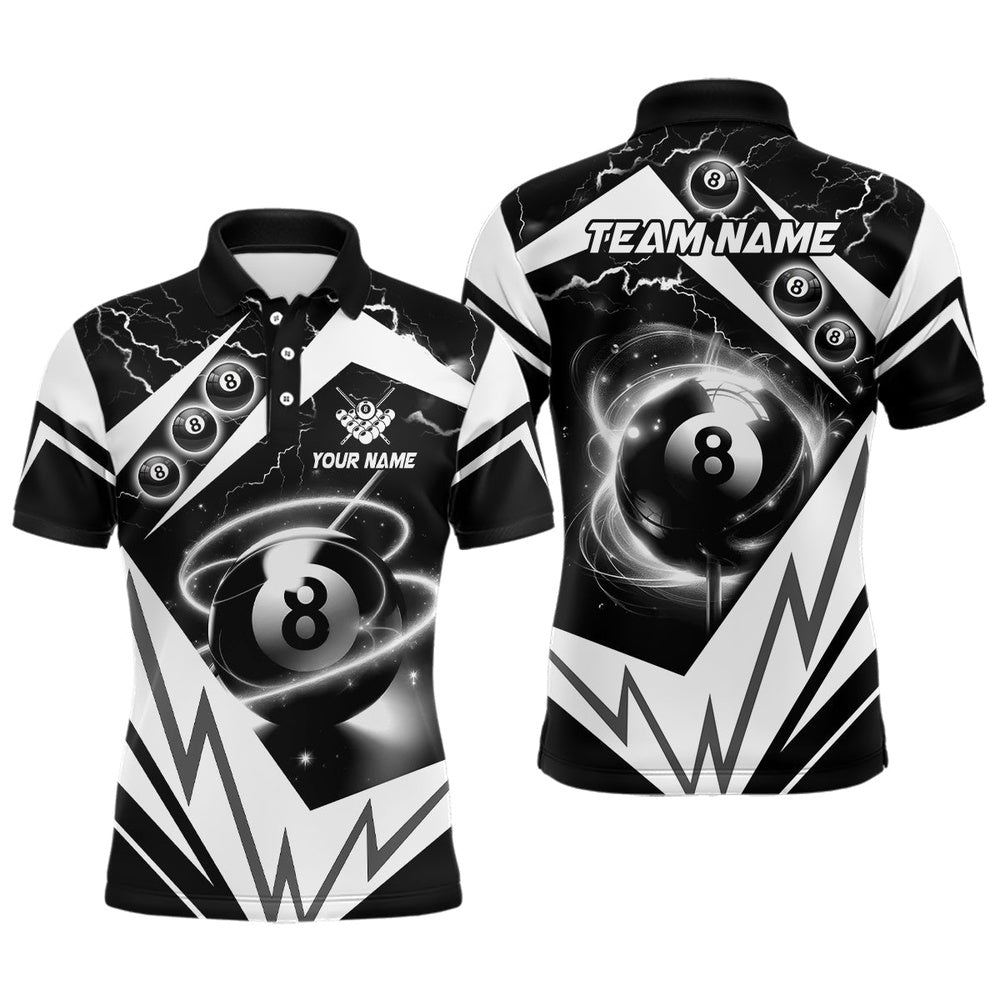 White 8 Ball Pool Billiard Polo Custom Billiard Polo Shirts Team League Billiard Shirts, Billiard Team Polo Shirts