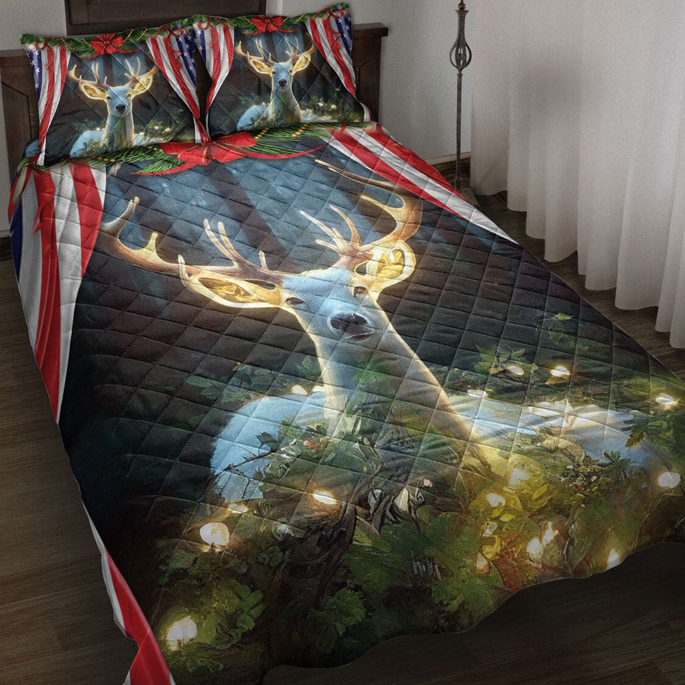 White Deermas Light Inest Us Flag Bedding Set, Christmas Beddings, Xmas Bedding Sets
