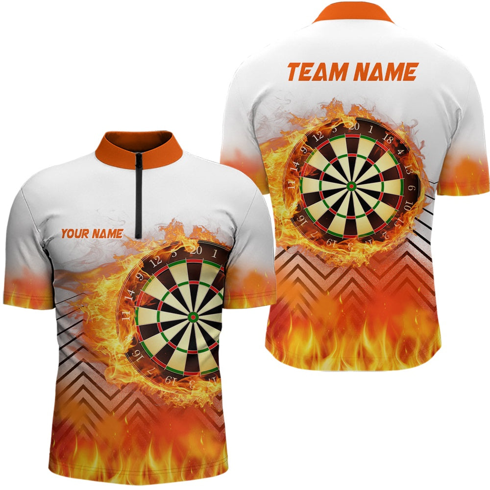 White Orange Fire Flame Darts Jersey Shirt Custom Darts Shirt For Men Dart Jersey, Darts Team Jersey Shirt