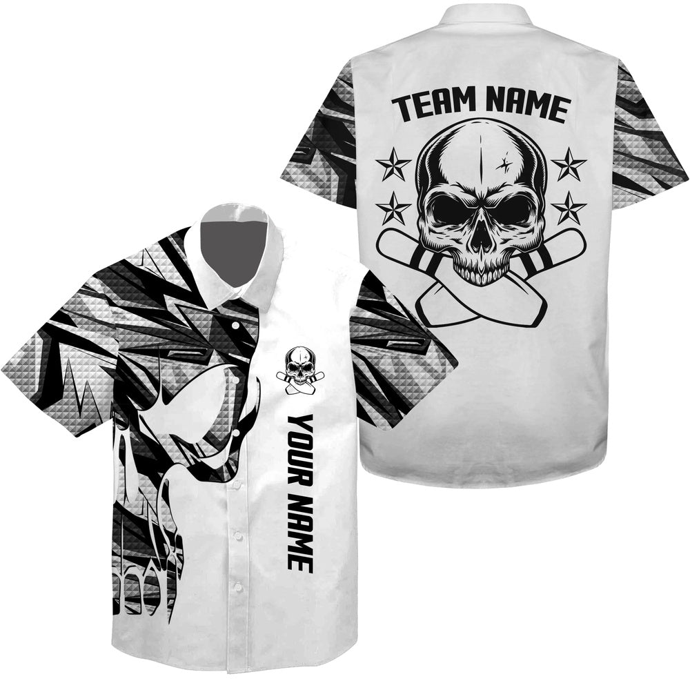 Whitecamo Bowling Hawaiian Shirt, Custom Name And Team Name Skull Bowling, Team Bowling Shirts, Bowling Team Hawaiian