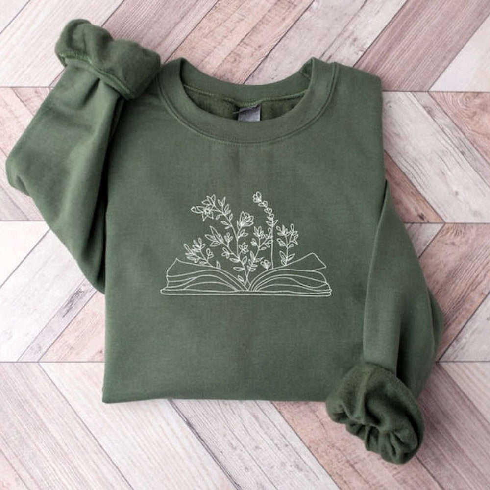Wildflower Book Embroidered Sweatshirt 2D Crewneck Sweatshirt For Family, Christmas Embroidered, Christmas Gifts