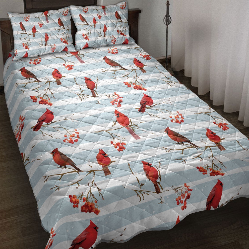 Winter Cardinal Birds Rowan Berries Snowflake Chrismass Bedding Set, Christmas Beddings, Xmas Bedding Sets