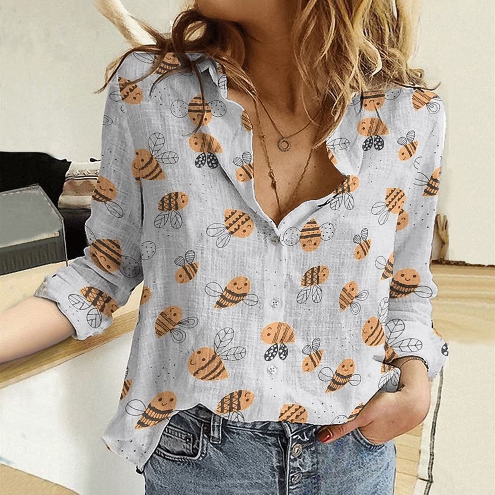 Women Casual Shirt, Bee Cute Drawing Pattern Casual Shirt, Casual Shirt, Casual Shirts For Women