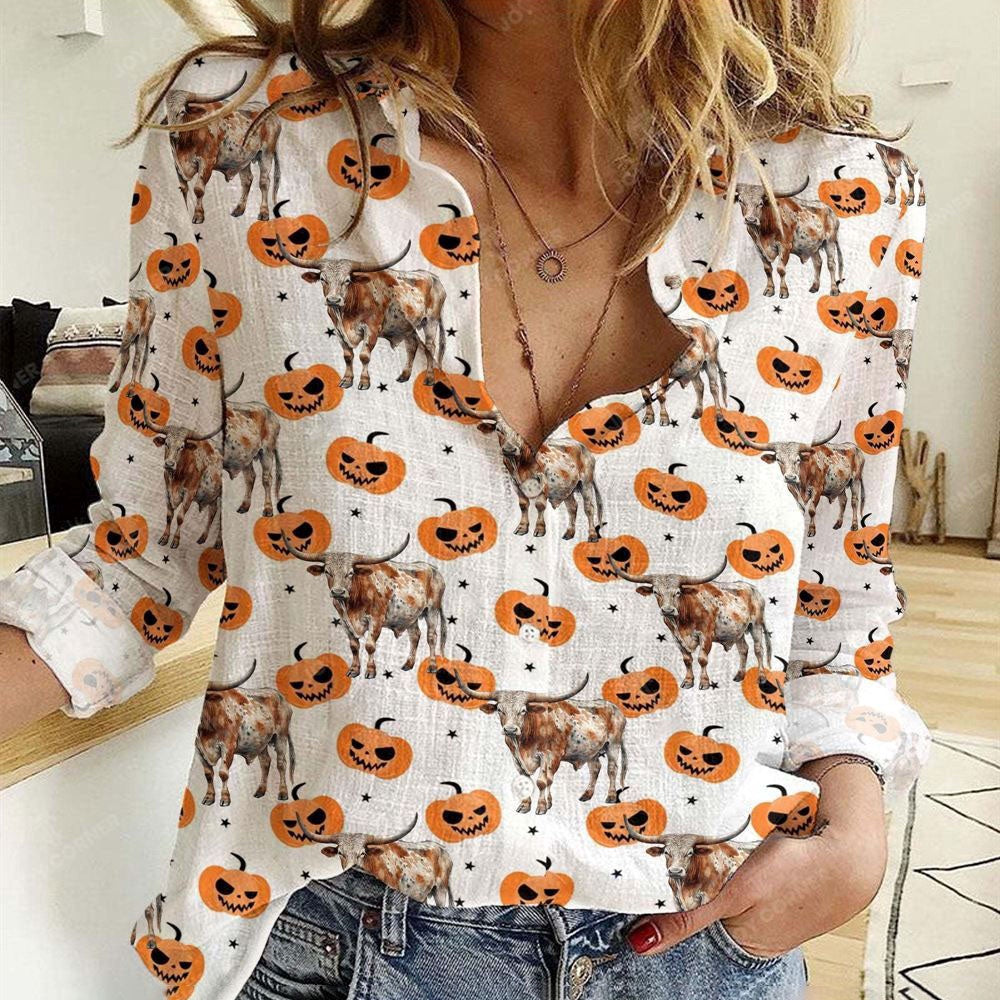 Women Casual Shirt, Texas Longhorn Halloween Pattern Casual Shirt, Casual Shirt, Casual Shirts For Women