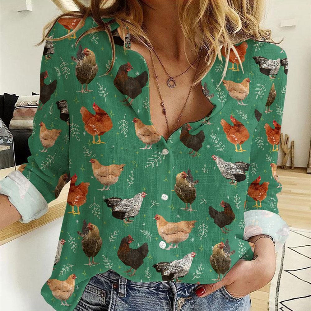 Women Casual Shirt, Watercolor Chicken Floral On Light Green Casual Shirt, Casual Shirt, Casual Shirts For Women