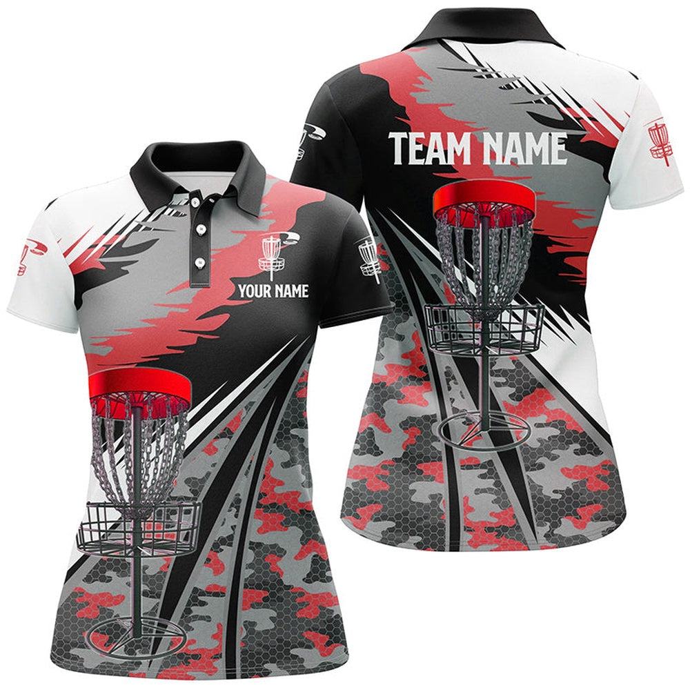 Women Disc Golf Polo Shirts Custom Red Camo Disc Golf Basket Disc Golf Outfit, Team Disc Golf Apparel, Golf Polo Shirts