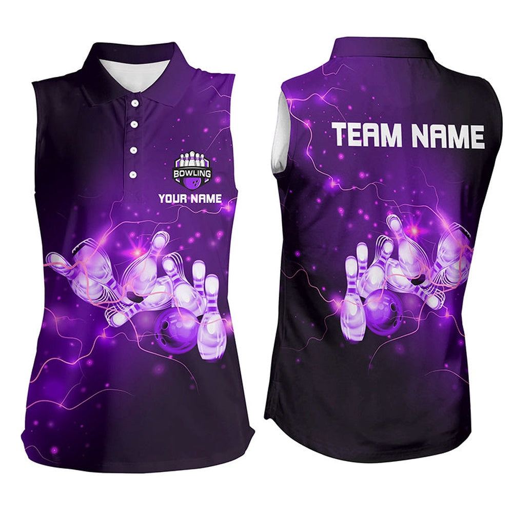 Womens Bowling Sleeveless Polo Shirts Custom Purple Flashes Of Lightning Thunder Team Ladies Polo, Women Bowling Shirts