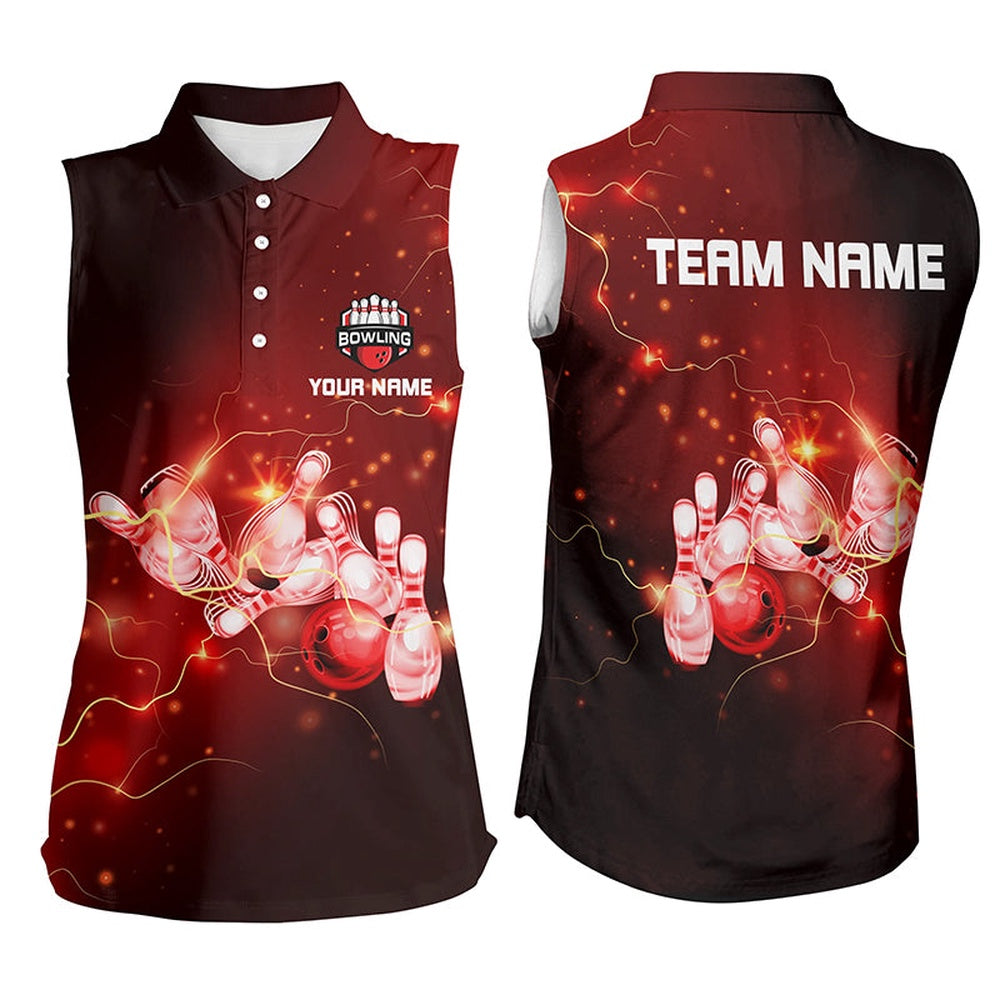 Womens Bowling Sleeveless Polo Shirts Custom Red Flashes Of Lightning Thunder Team Ladies Polo, Women Bowling Shirts