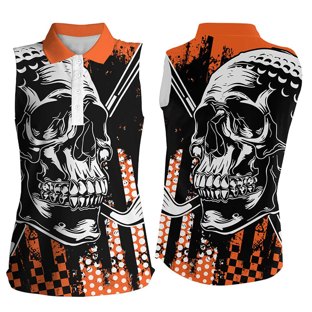 Womens Sleeveless Golf Polo Shirts Golf Skull Ladies Golf Outfits Orange, Women Golf Shirts