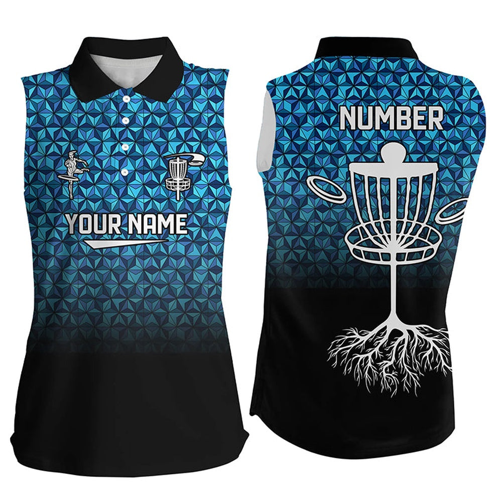 Womens Sleeveless Golf Polos Shirt Custom Blue Pattern Disc Golf Basket Jerseys, Frisbee Golf Attire, Women Golf Shirts
