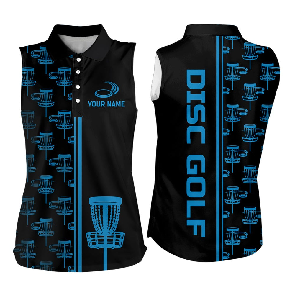 Womens Sleeveless Golf Polos Shirts Black And Blue Gradient Disc Golf Basket Custom Disc Golf Jerseys, Women Golf Shirts