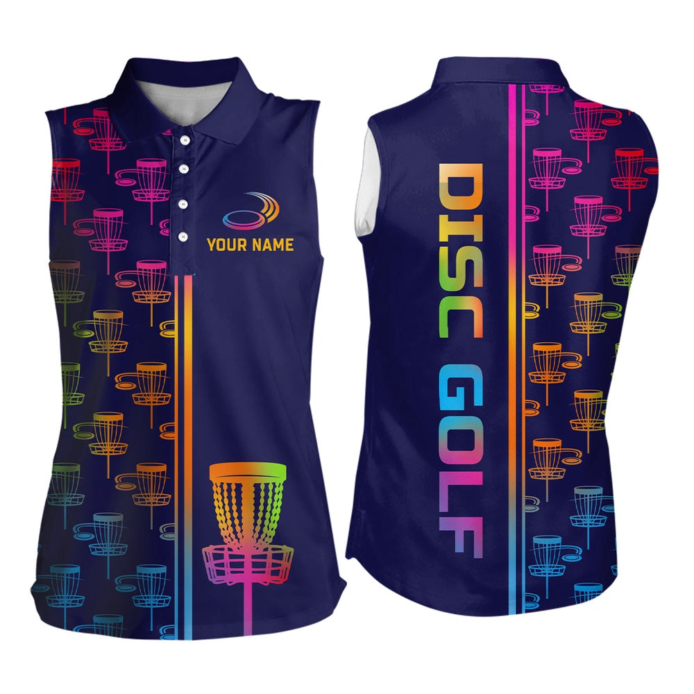 Womens Sleeveless Golf Polos Shirts Colorful Gradient Disc Golf Basket Custom Disc Golf Jerseys, Women Golf Shirts
