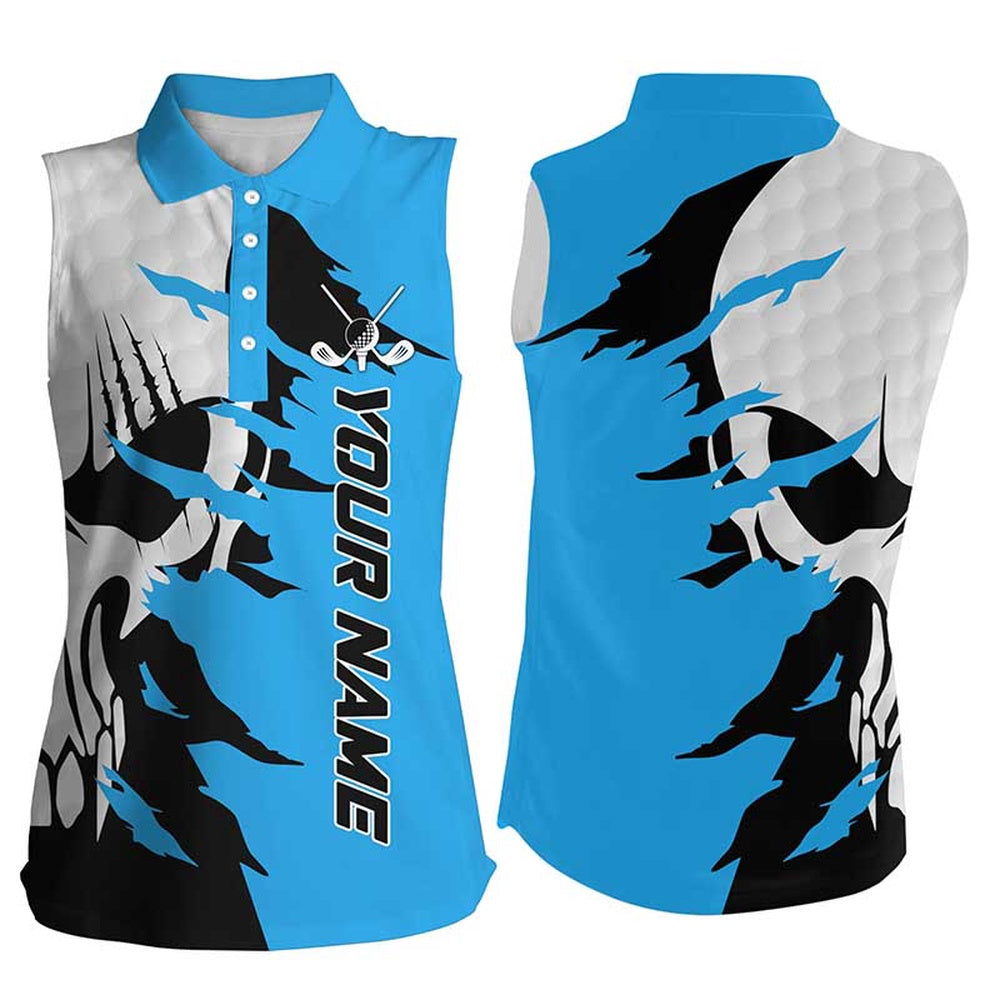Womens Sleeveless Golf Polos Shirts Custom Golf Skull Shirts For Ladies, Personalized Golf Gift Blue, Women Golf Shirts