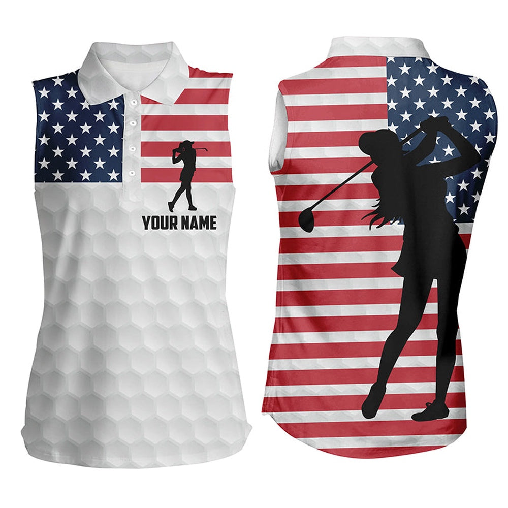 Womens Sleeveless Polo Shirt American Flag Custom White Golf Ball Skin Patriot Golf Gifts, Women Golf Shirts