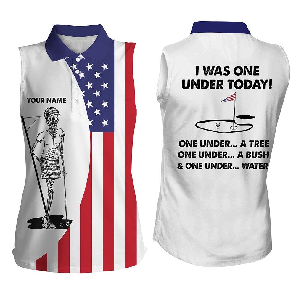 Womens Sleeveless Polo Shirt American Flag Golf Skull Custom I Was One Under Today Tree, Bush, Water, Women Golf Shirts