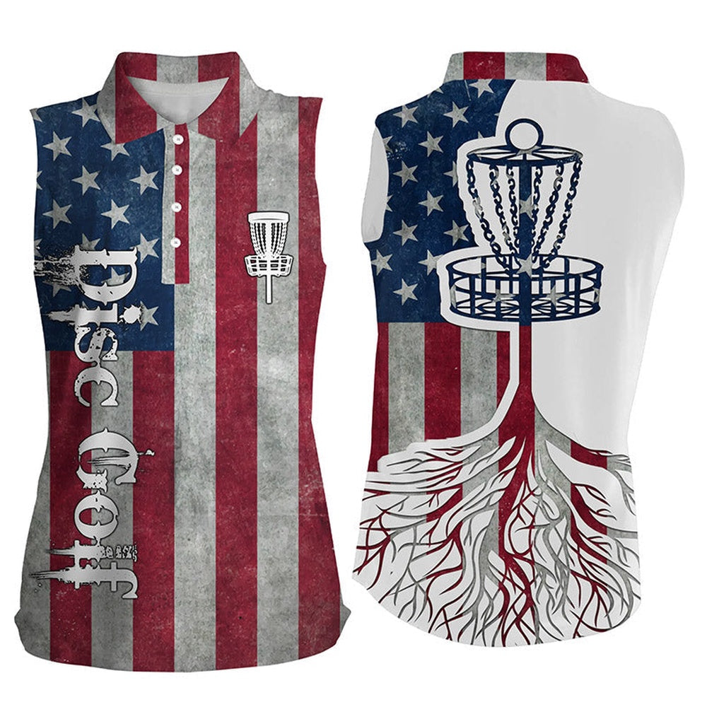 Womens Sleeveless Polo Shirt American Flag Patriotic Disc Golf Basket, Patriotic Disc Golf Shirt, Women Golf Shirts