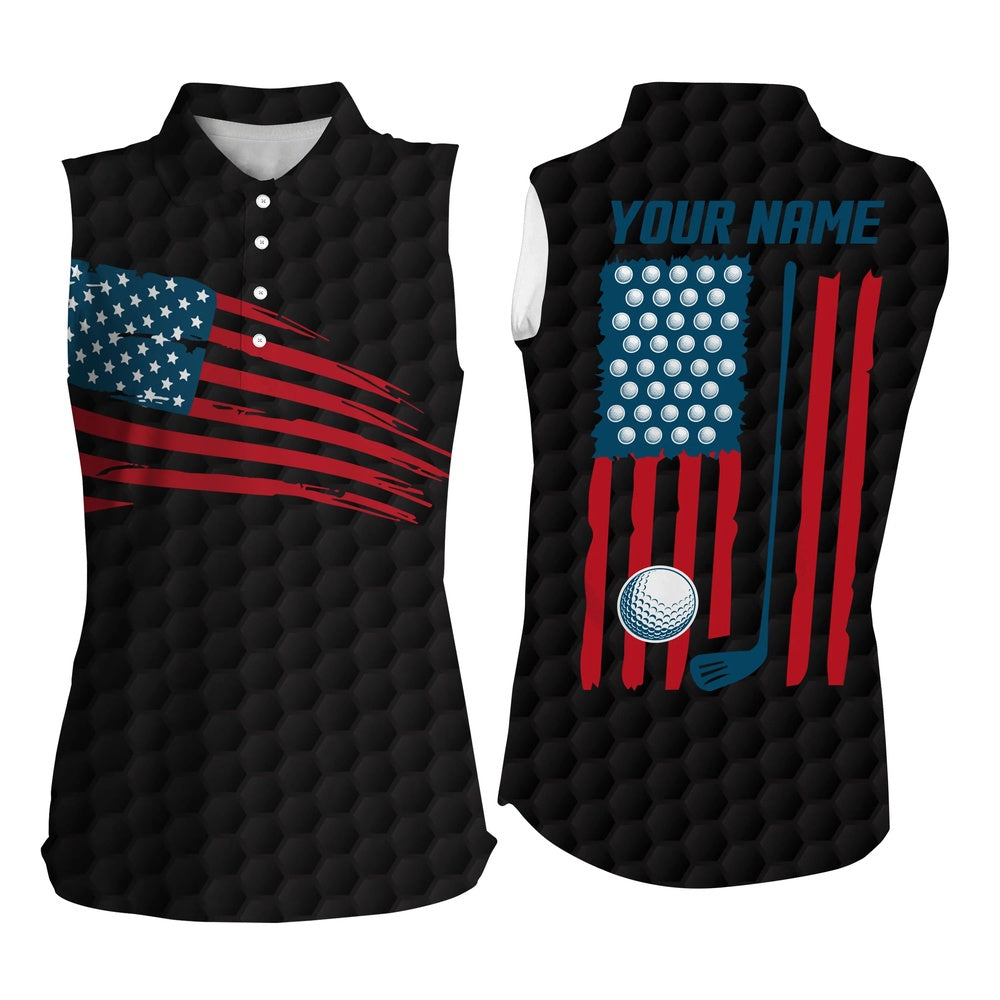 Womens Sleeveless Polo Shirt American Flag Patriotic Golf Shirts Custom Name Golf Gifts Black, Women Golf Shirts