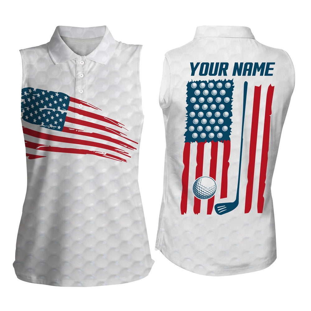 Womens Sleeveless Polo Shirt American Flag Patriotic Golf Shirts Custom Name Golf Gifts White, Women Golf Shirts