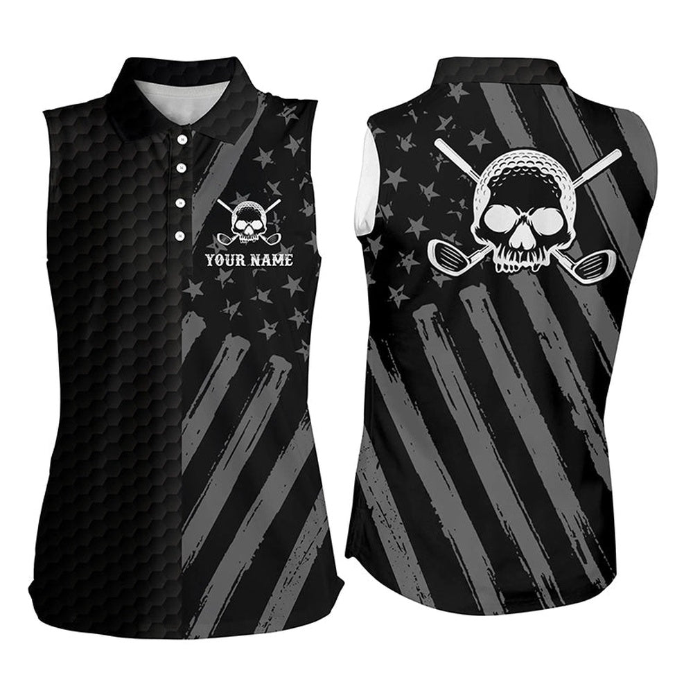 Womens Sleeveless Polo Shirt Black American Flag Custom Golf Skull Clubs Women Golf Shirts, Women Golf Shirts