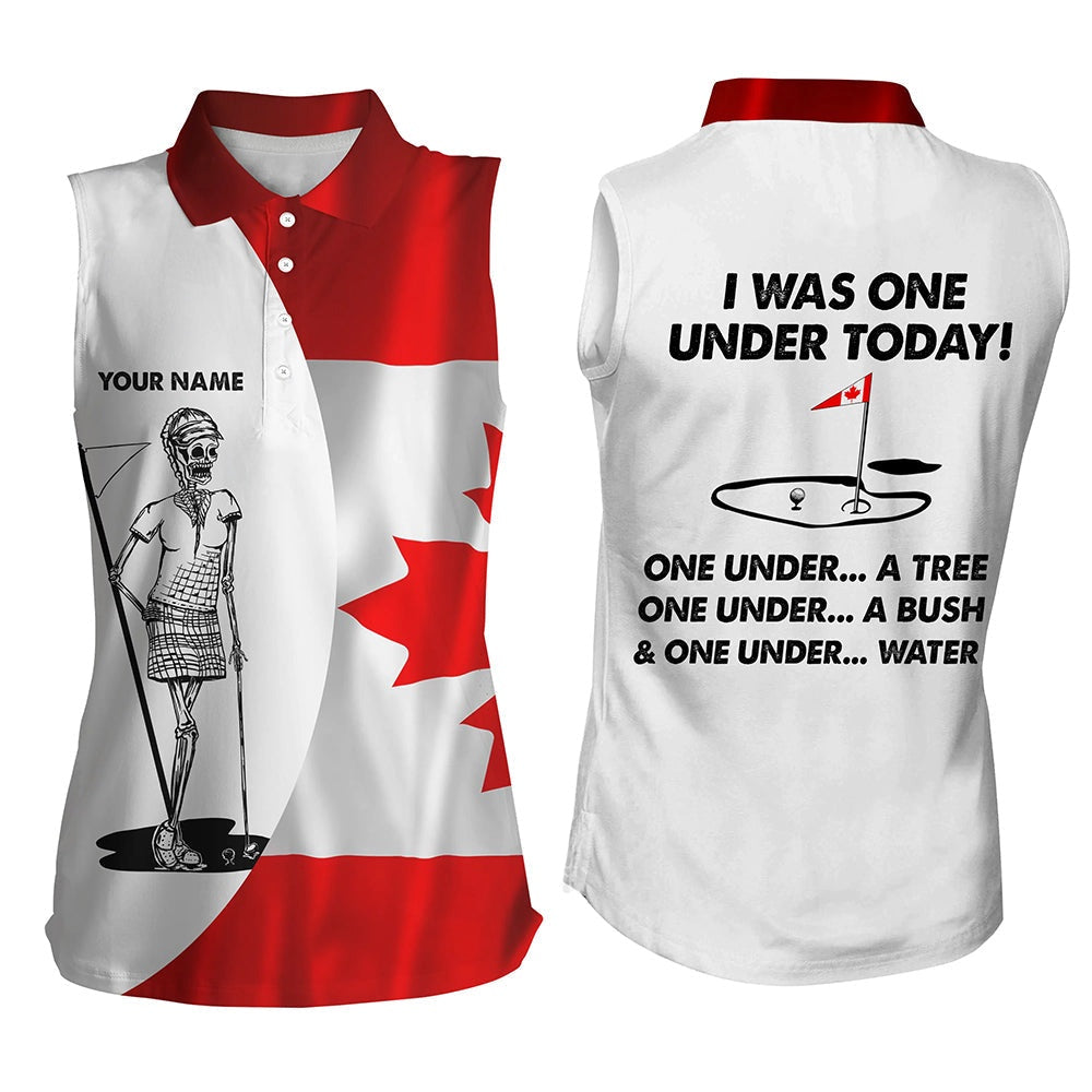 Womens Sleeveless Polo Shirt Canadian Flag Golf Skull Custom I Was One Under Today Tree, Bush, Water, Women Golf Shirts