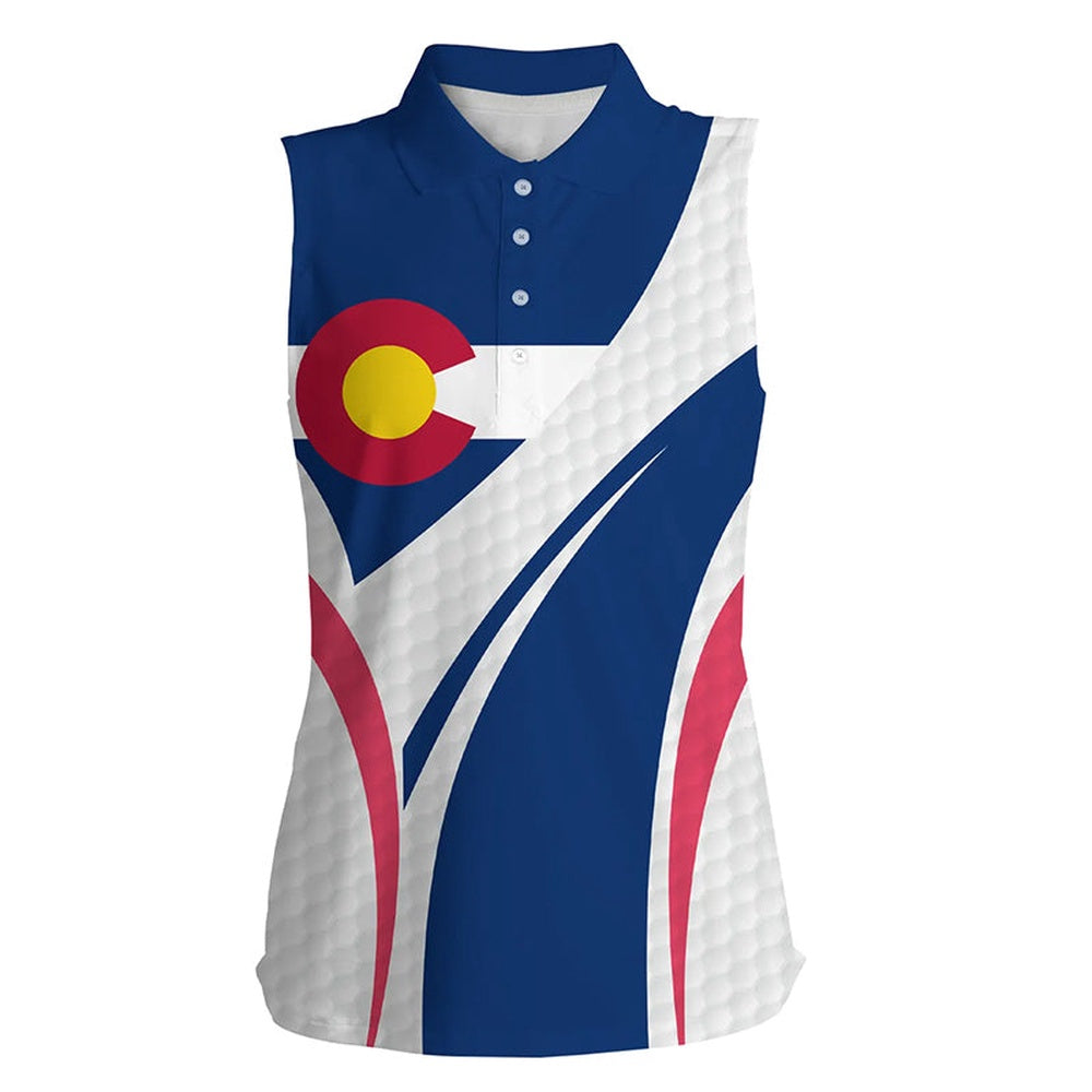 Womens Sleeveless Polo Shirt Colorado Flag White Golf Ball Skin Pattern Patriot Ladies Golf Tops, Women Golf Shirts