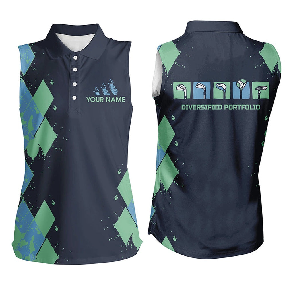 Womens Sleeveless Polo Shirt Custom Blue Argyle Golf Shirts Ladies Diversified Portfolio Golf Clubs, Women Golf Shirts