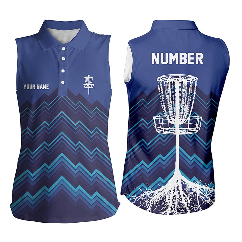 Womens Sleeveless Polo Shirt Custom Blue Pattern Disc Golf Basket Tree Jerseys, Frisbee Golf Shirt, Women Golf Shirts