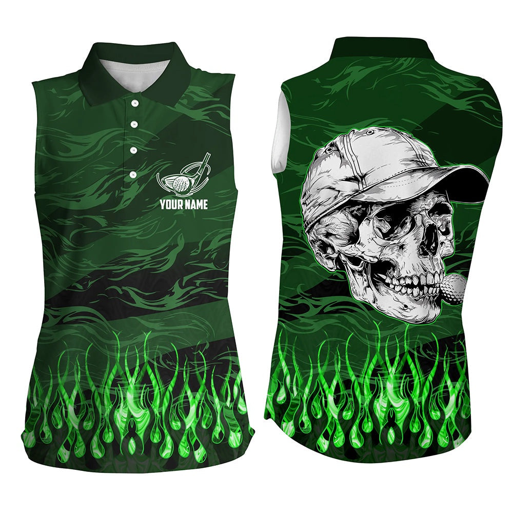 Womens Sleeveless Polo Shirt Custom Green Camo Flame Golf Skull Team Golf Attire For Ladies, Golf Gift, Women Golf Shirts