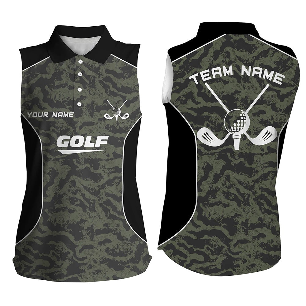 Womens Sleeveless Polo Shirt Custom Green Camo Golf Tops For Ladies, Golf Clubs Team Golf Jerseys, Women Golf Shirts