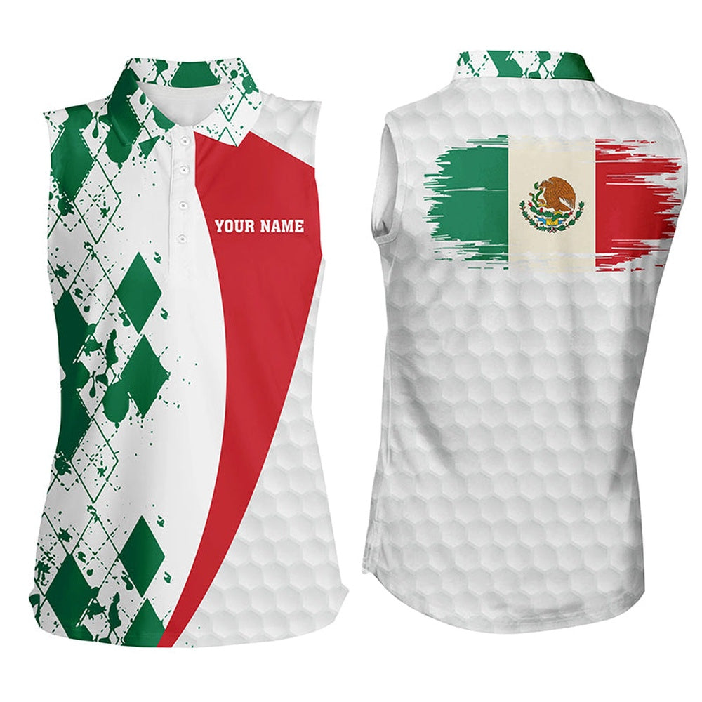 Womens Sleeveless Polo Shirt Custom Mexico Flag Green Argyle Pattern White Golf Ball Womens Tops, Women Golf Shirts