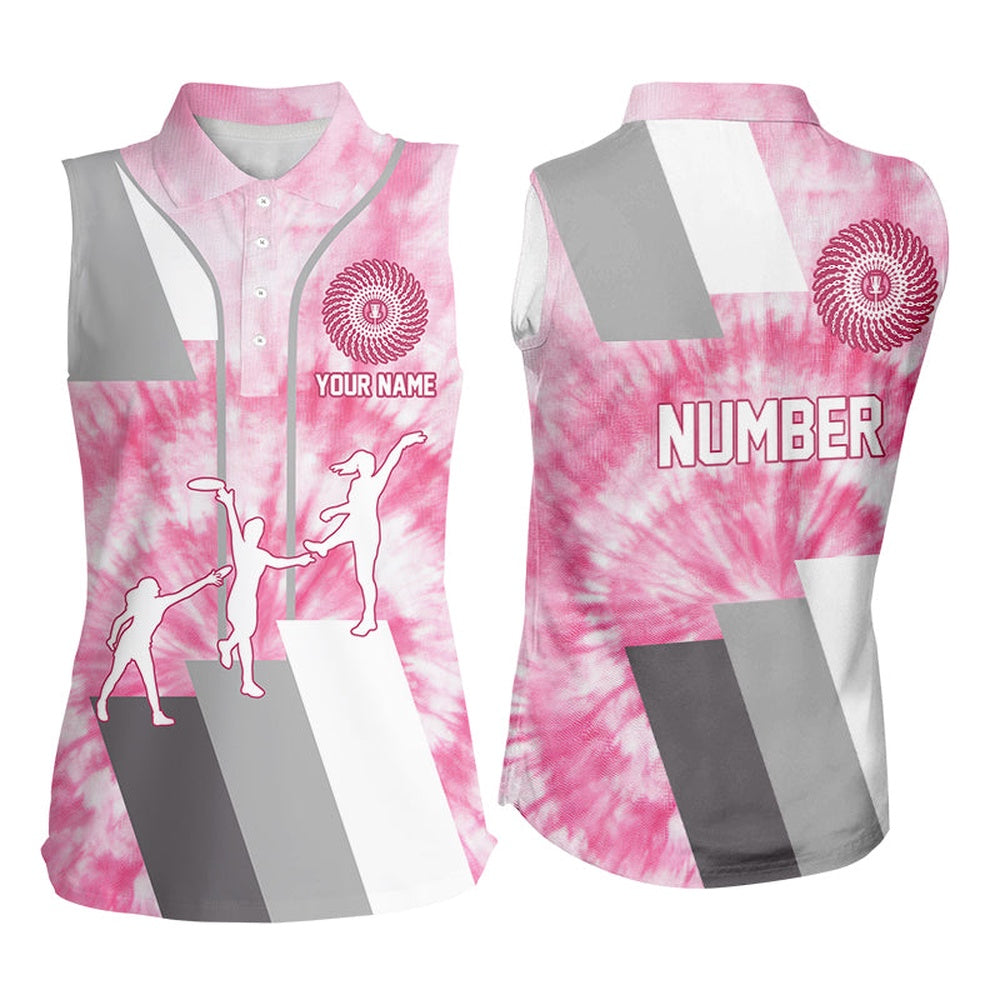 Womens Sleeveless Polo Shirt Custom Name And Number Pink Tie Dye Personalized Disc Golf Jerseys, Women Golf Shirts