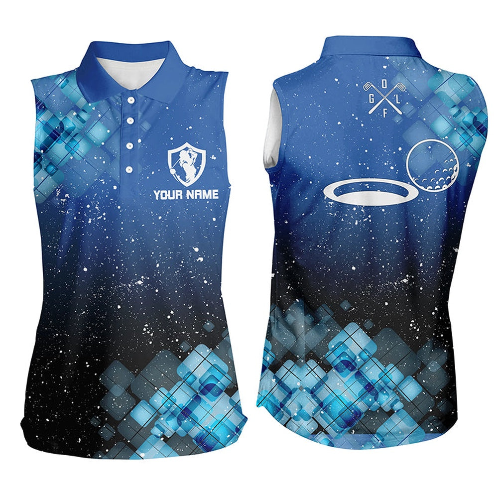 Womens Sleeveless Polo Shirt Custom Name Blue Abstract Custom Golf Apparel For Ladies, Women Golf Shirts