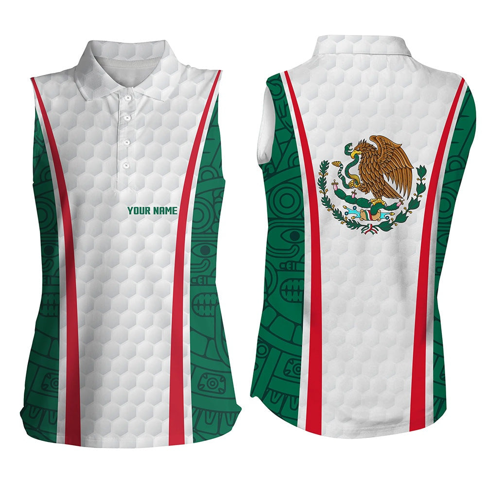 Womens Sleeveless Polo Shirt Custom Name Mexican Flag White Golf Shirt, Ladies Sleeveless Golf Shirt, Women Golf Shirts