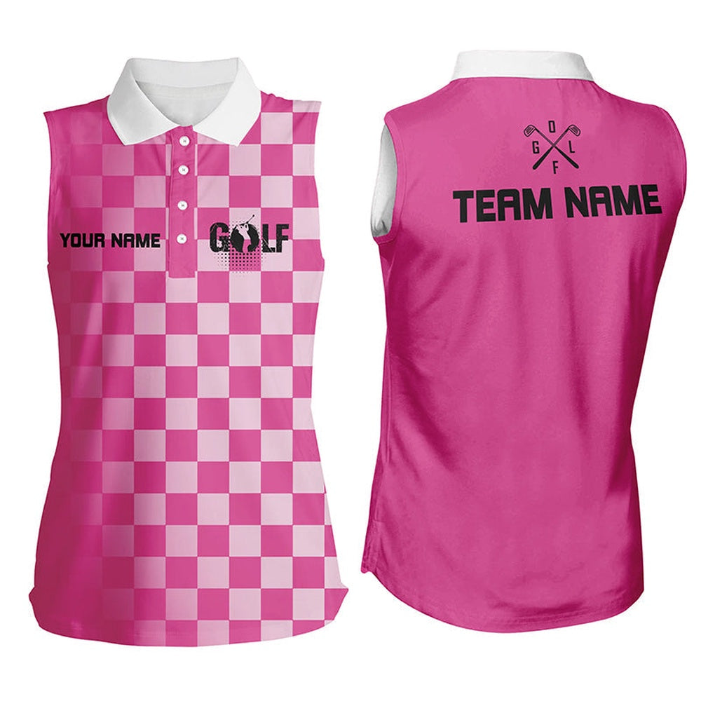 Womens Sleeveless Polo Shirt Custom Name Pink Checkered Pattern Ladies Golf Shirts, Women Golf Clothes, Women Golf Shirts