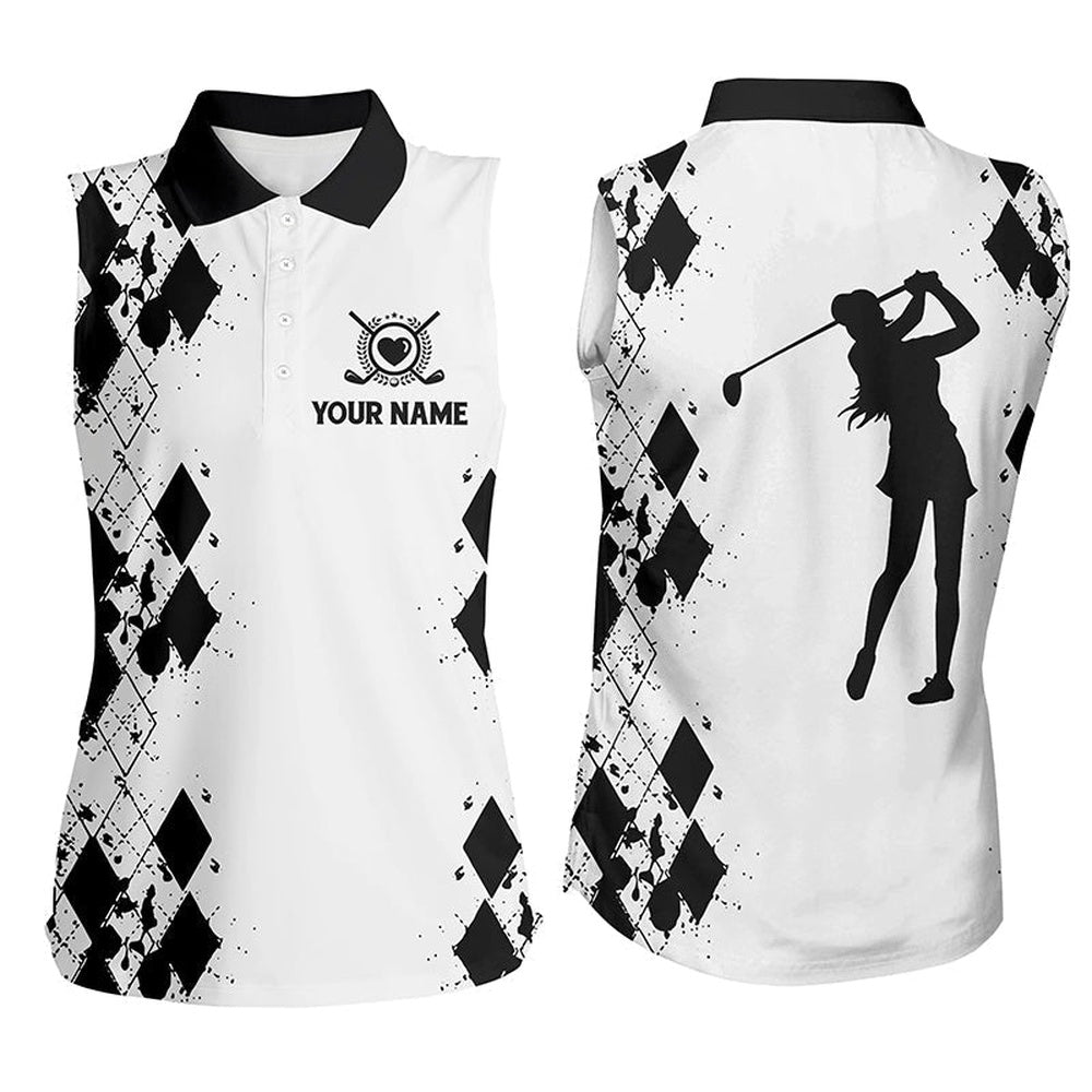 Womens Sleeveless Polo Shirt Custom Name White Golf Shirt, Golfing Gifts Black, Women Golf Shirts