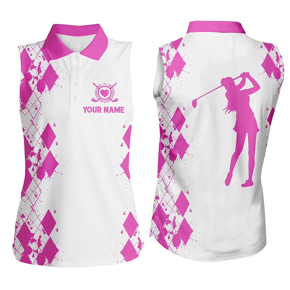 Womens Sleeveless Polo Shirt Custom Name White Golf Shirt, Golfing Gifts Pink, Women Golf Shirts