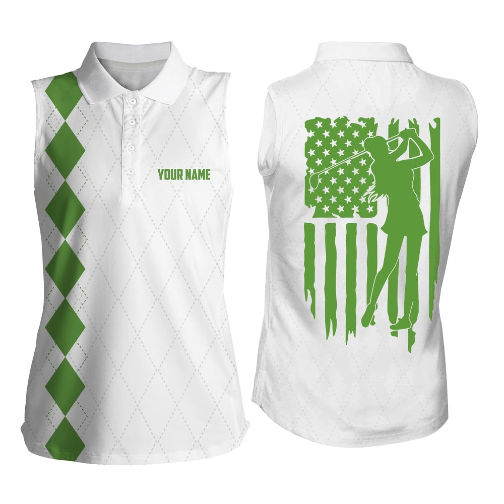 Womens Sleeveless Polo Shirt Green American Flag Patriotic Golf Shirts Custom Name Golf Gifts, Women Golf Shirts