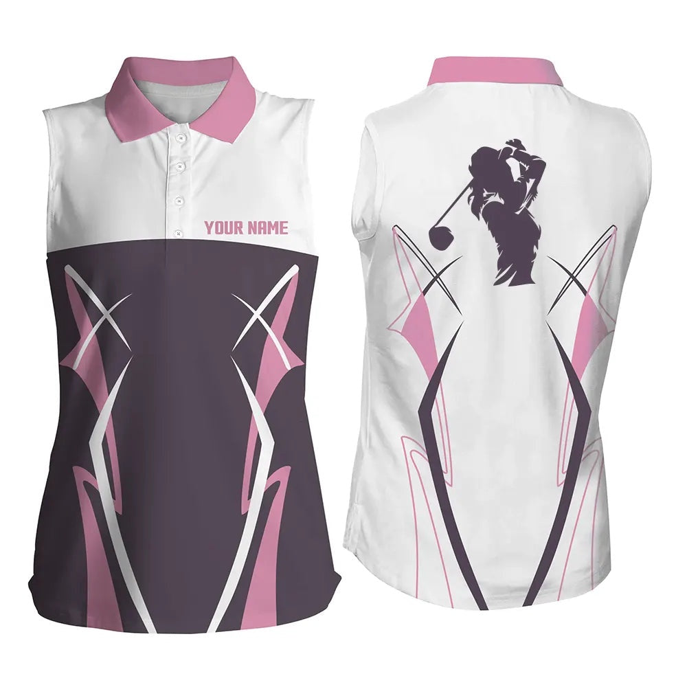 Womens Sleeveless Polo Shirt Pink Golf Shirts Custom Name Ladies Golf Tops, Women Golf Shirts