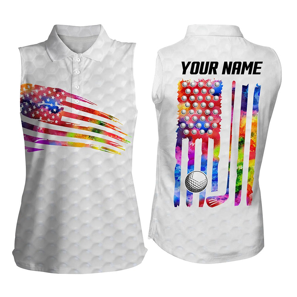 Womens Sleeveless Polo Shirt Watercolor American Flag Patriotic Golf Shirts Custom Golf Tops White, Women Golf Shirts