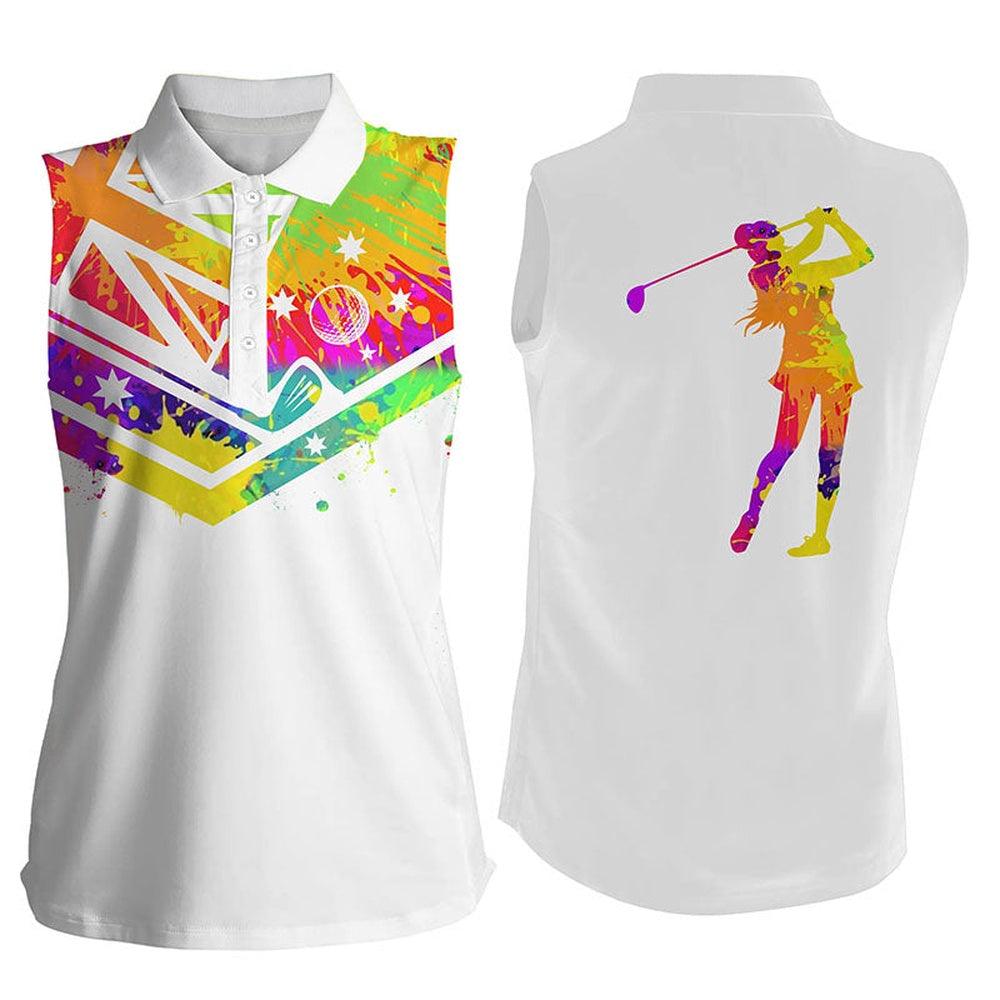 Womens Sleeveless Polo Shirt Watercolor Australia Flag White Golf Shirt, Women Golf Shirts