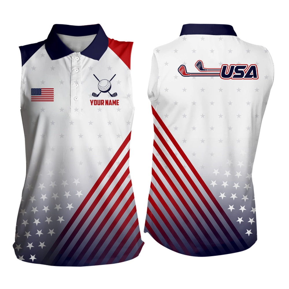 Womens Sleeveless Polo Shirts American Flag Custom Patriotic Team Golf Shirts For Ladies, Women Golf Shirts