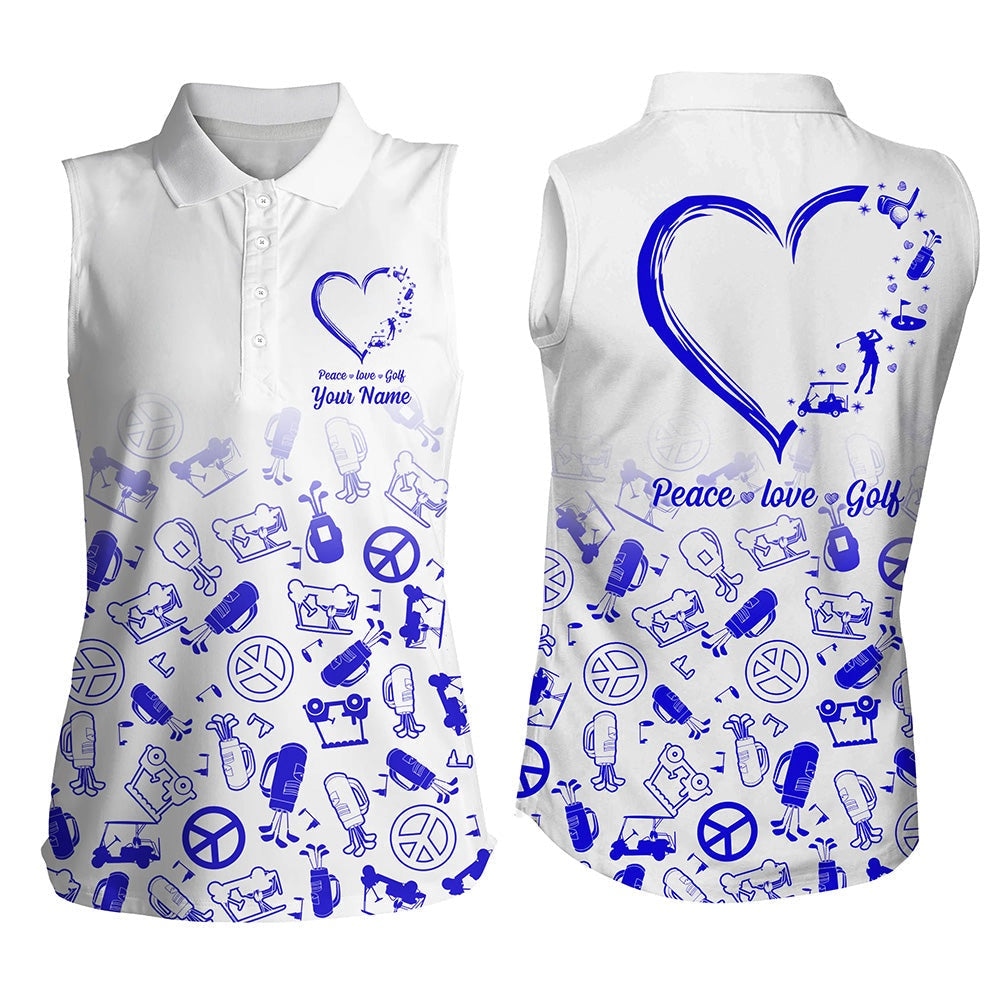 Womens Sleeveless Polo Shirts Custom Blue Heart Peace Love Golf, Personalized Golf Shirts, Women Golf Shirts