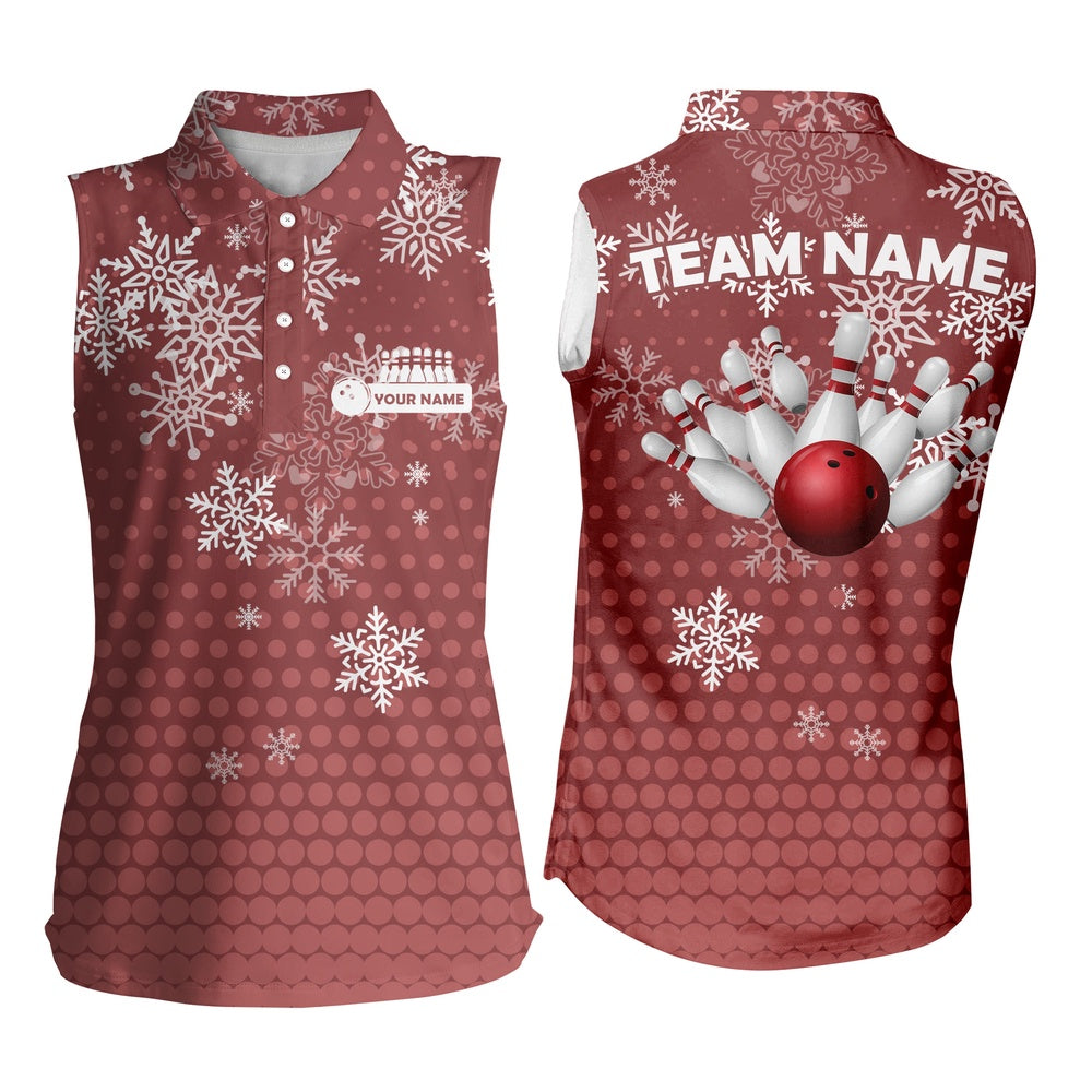 Womens Sleeveless Polo Shirts Custom Christmas Snowflake Bowling Ball Pins Team Ladies Polo Red, Women Bowling Shirts