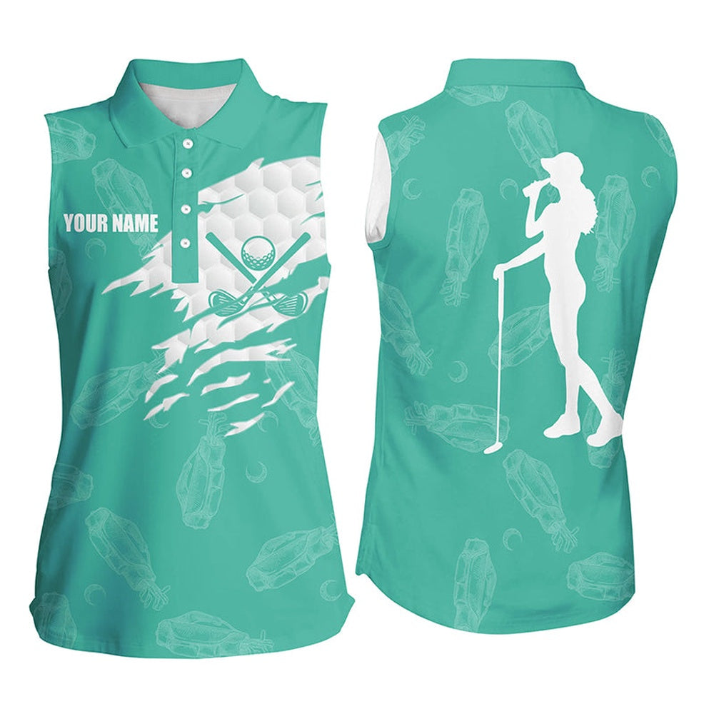 Womens Sleeveless Polo Shirts Custom Name Golf Clubs Pattern Shirt For Ladies Turquoise, Women Golf Shirts