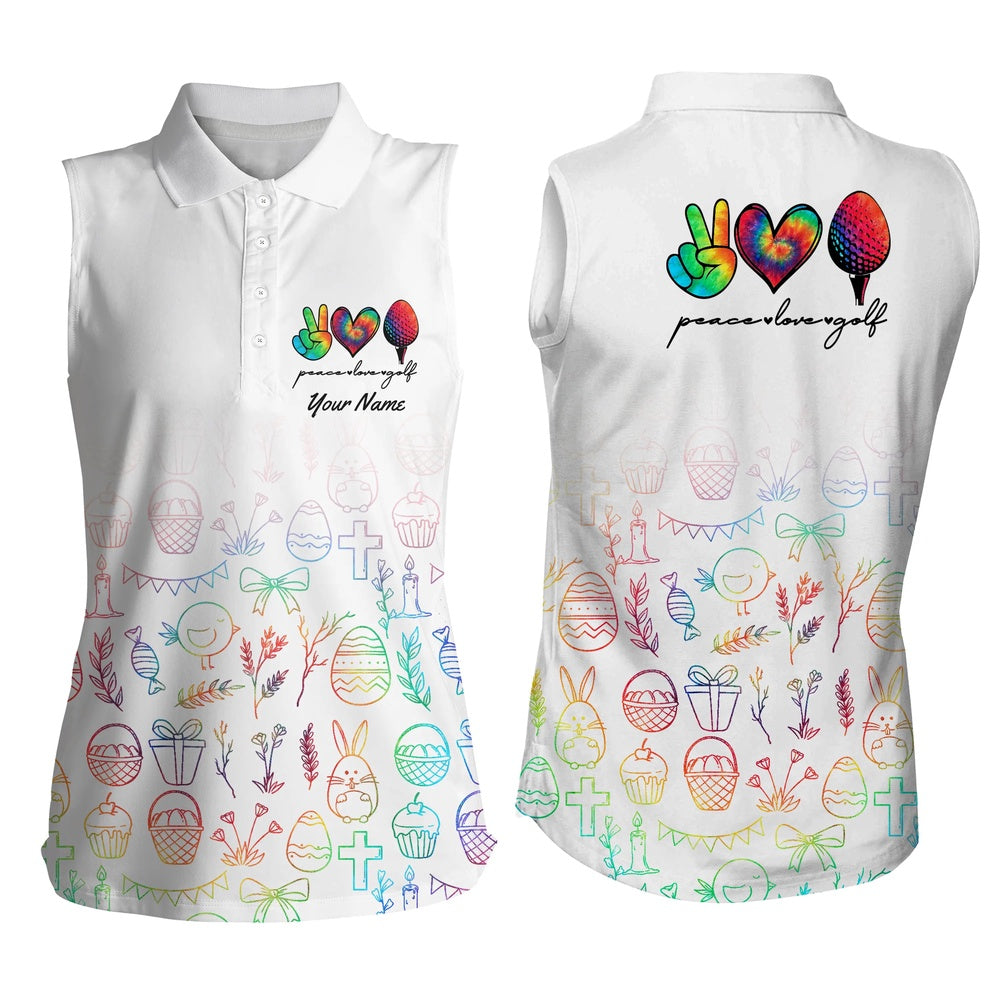 Womens Sleeveless Polo Shirts Custom Watercolor Peace Love Golf, Easter Golf Shirt, Women Golf Shirts
