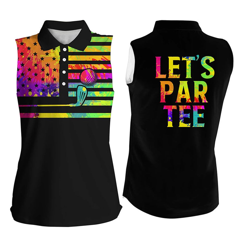 Womens Sleeveless Polo Shirts Watercolor American Flag Let Par Tee Black Golf Shirt, Women Golf Shirts
